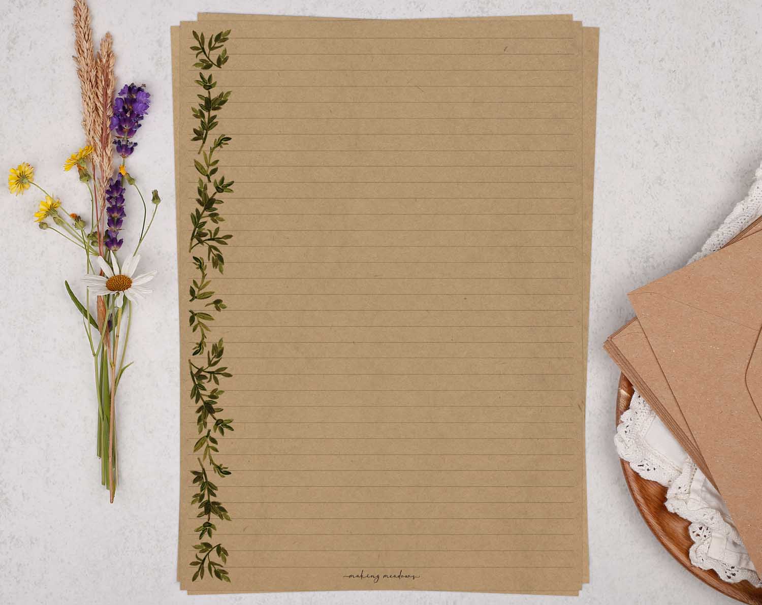 A4 kraft writing paper with vintage botanical leaf. Stationery designed by Making Meadows