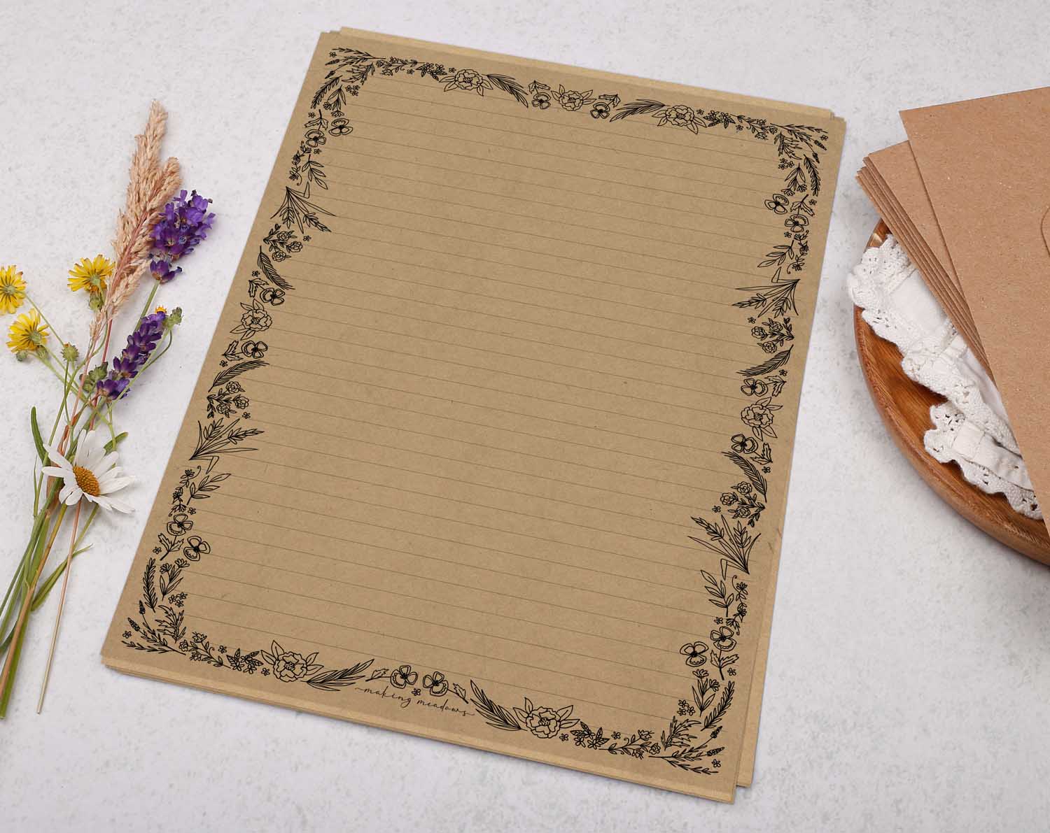 A4 kraft writing paper with vintage floral border. Stationery designed by Making Meadows