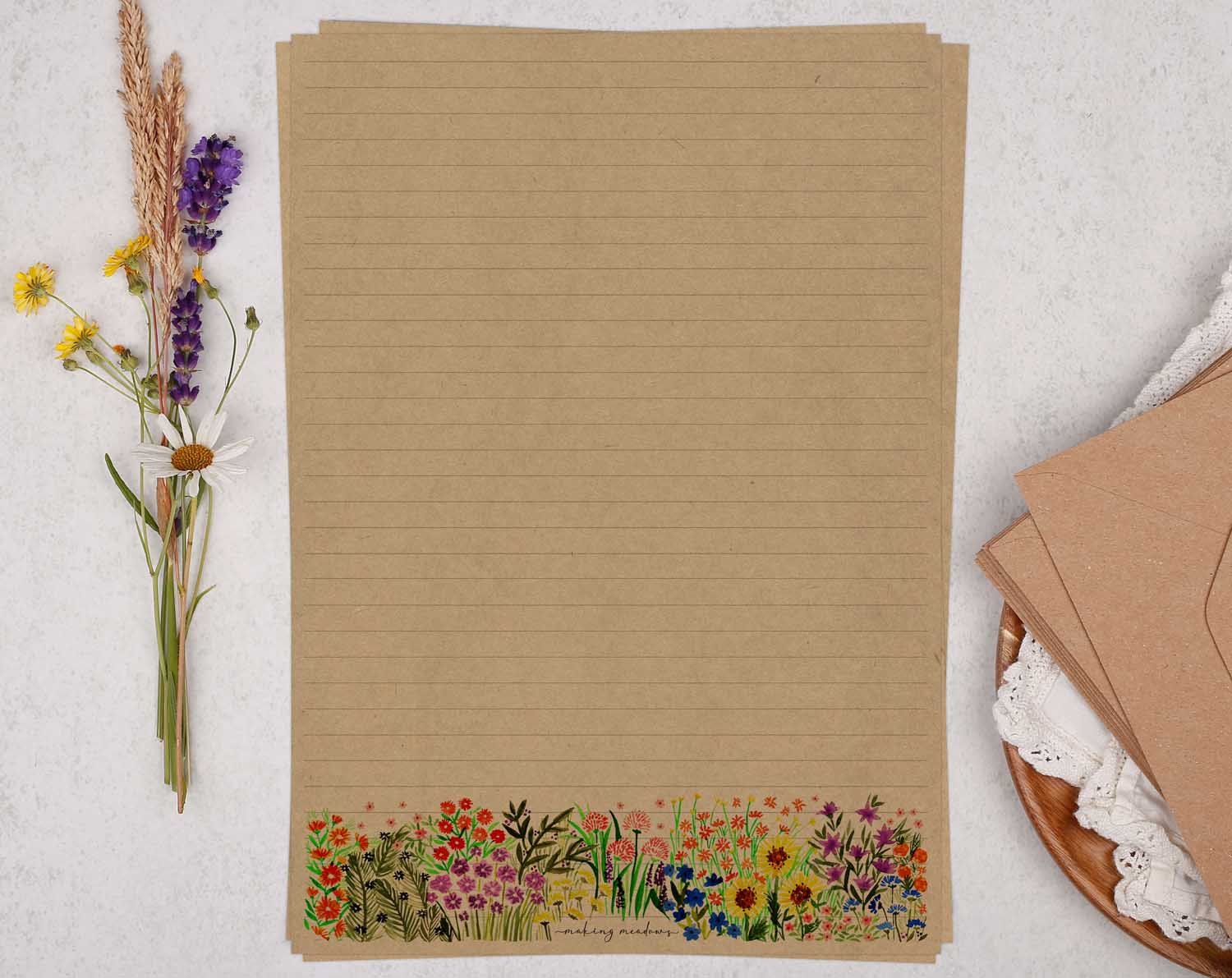 A4 kraft writing paper with watercolour flowers. Stationery designed by Making Meadows