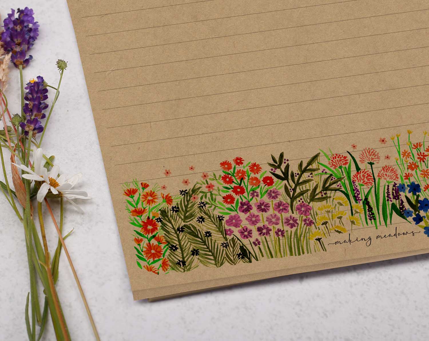 A4 kraft writing paper with watercolour flowers. Stationery designed by Making Meadows
