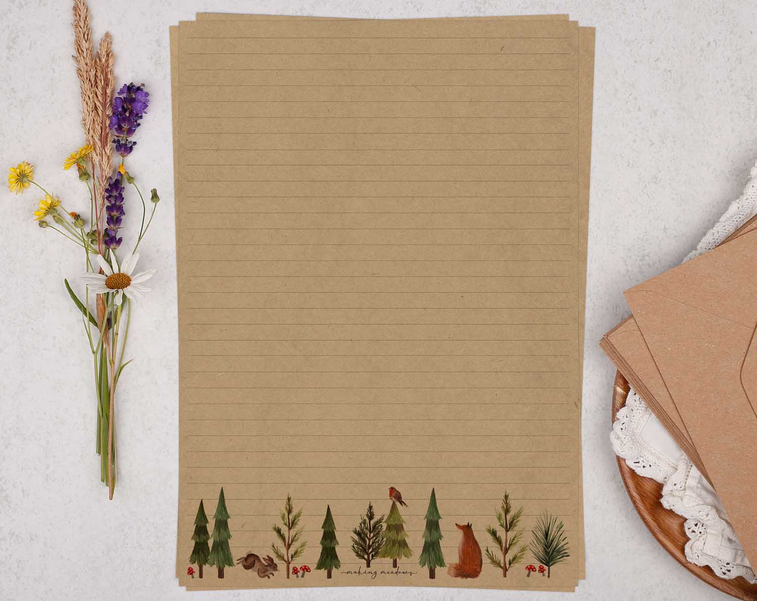 A4 kraft writing paper with woodland animals. Stationery designed by Making Meadows