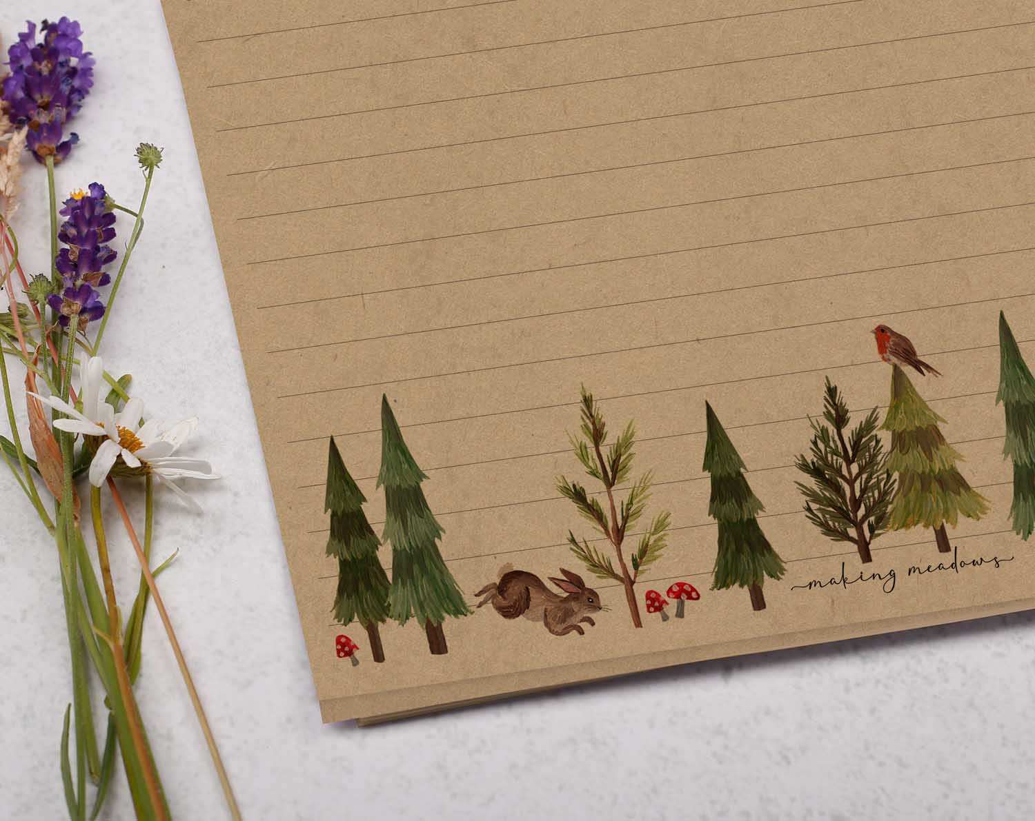A4 kraft writing paper with woodland animals. Stationery designed by Making Meadows