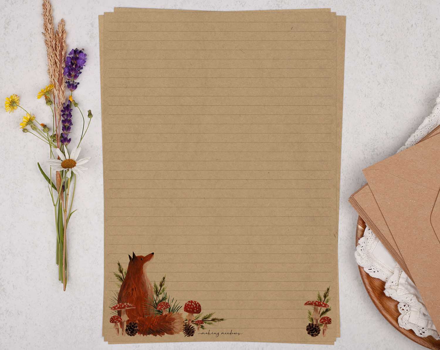 A4 kraft writing paper with woodland forest fox. Stationery designed by Making Meadows