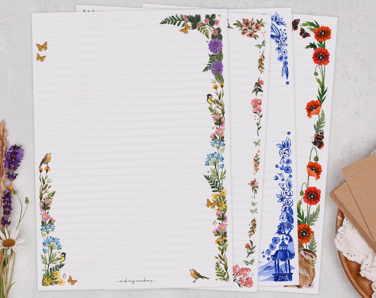 A4 mixed pack writing paper with designs. Stationery designed by Making Meadows