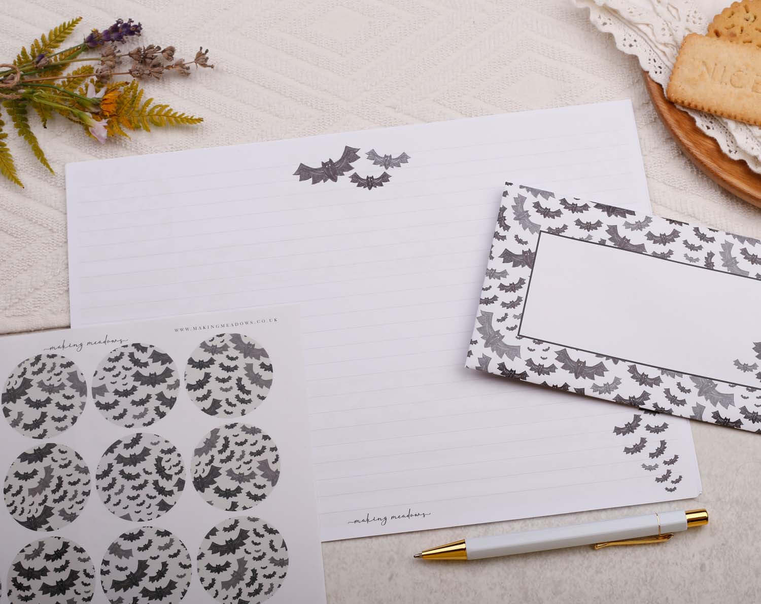 A4 origami writing paper with gothic bats designed by Making Meadows