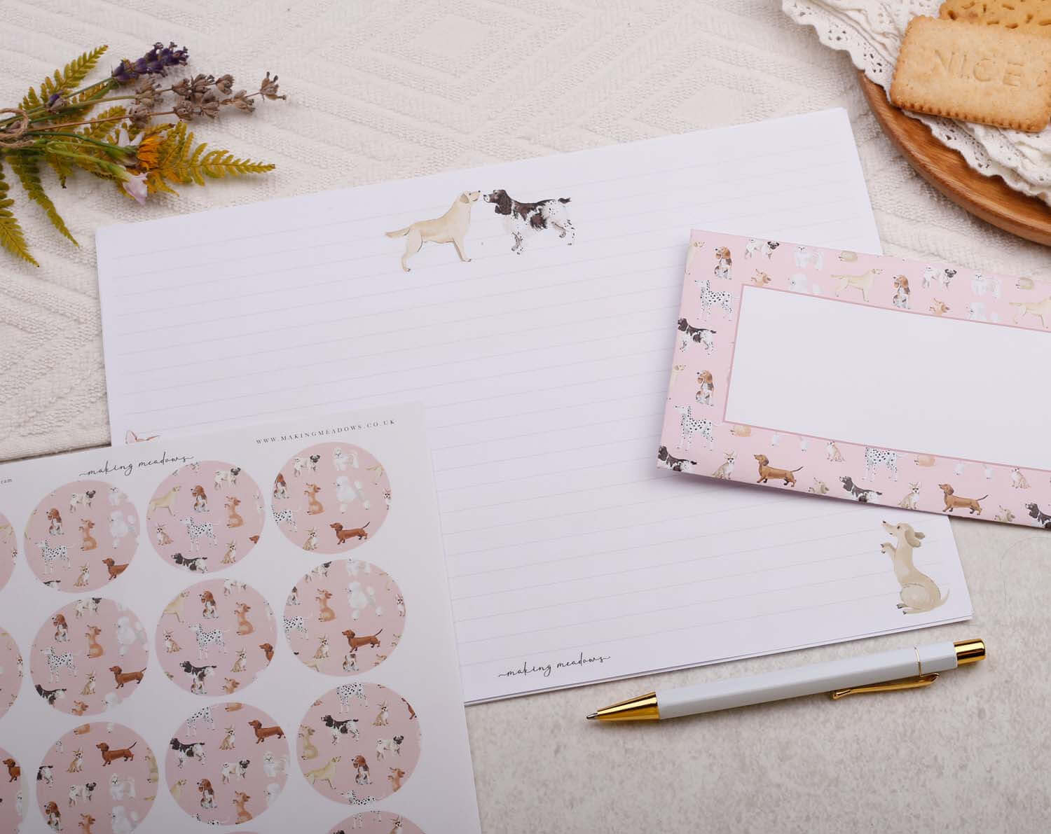 A4 origami writing paper with pink dog designed by Making Meadows