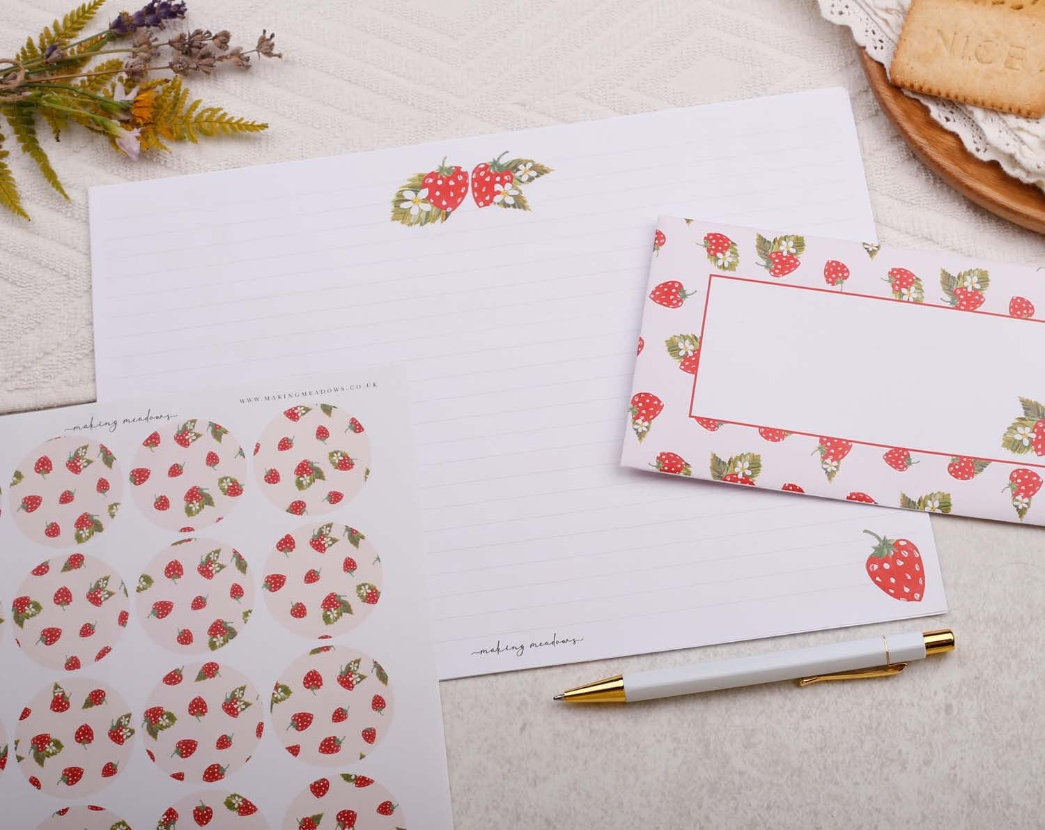 A4 origami writing paper with strawberries designed by Making Meadows