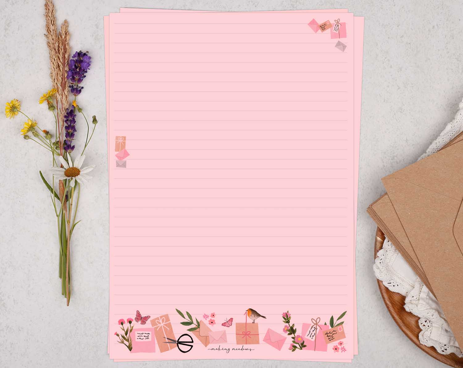 A4 pink writing paper with bird & butterfly. Stationery designed by Making Meadows