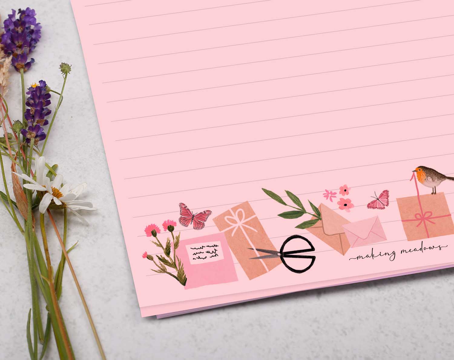 A4 pink writing paper with bird & butterfly. Stationery designed by Making Meadows