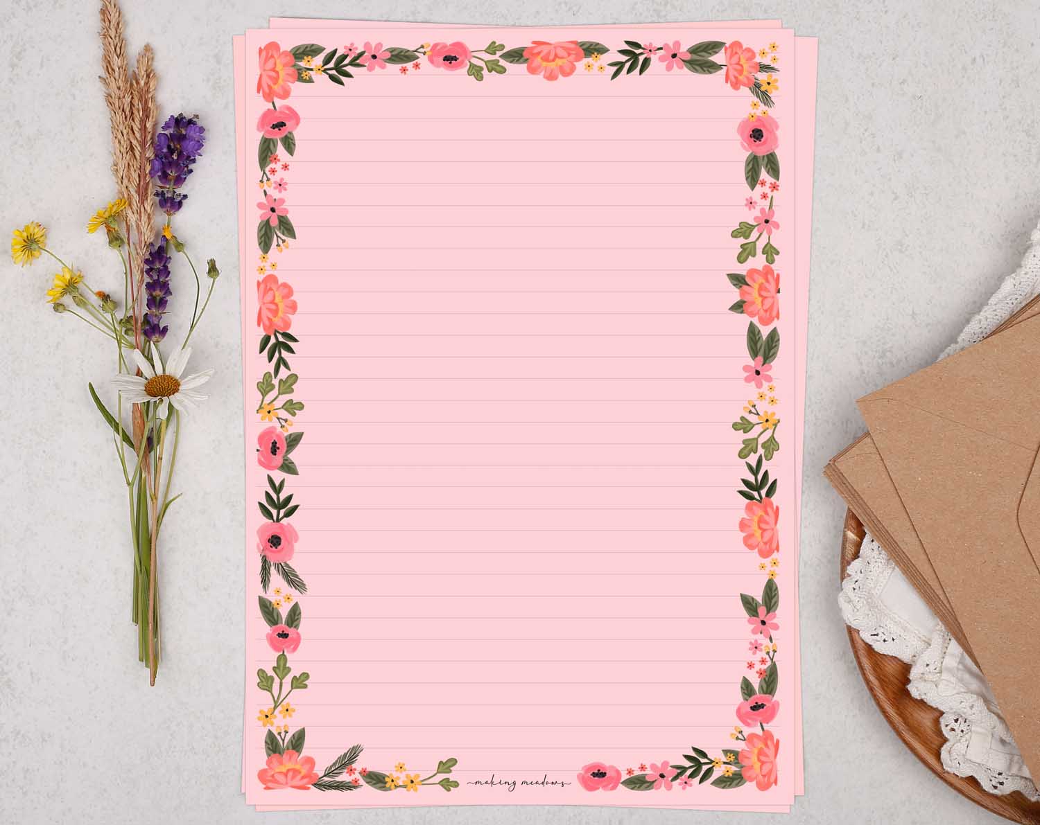 A4 pink writing paper with floral border. Stationery designed by Making Meadows