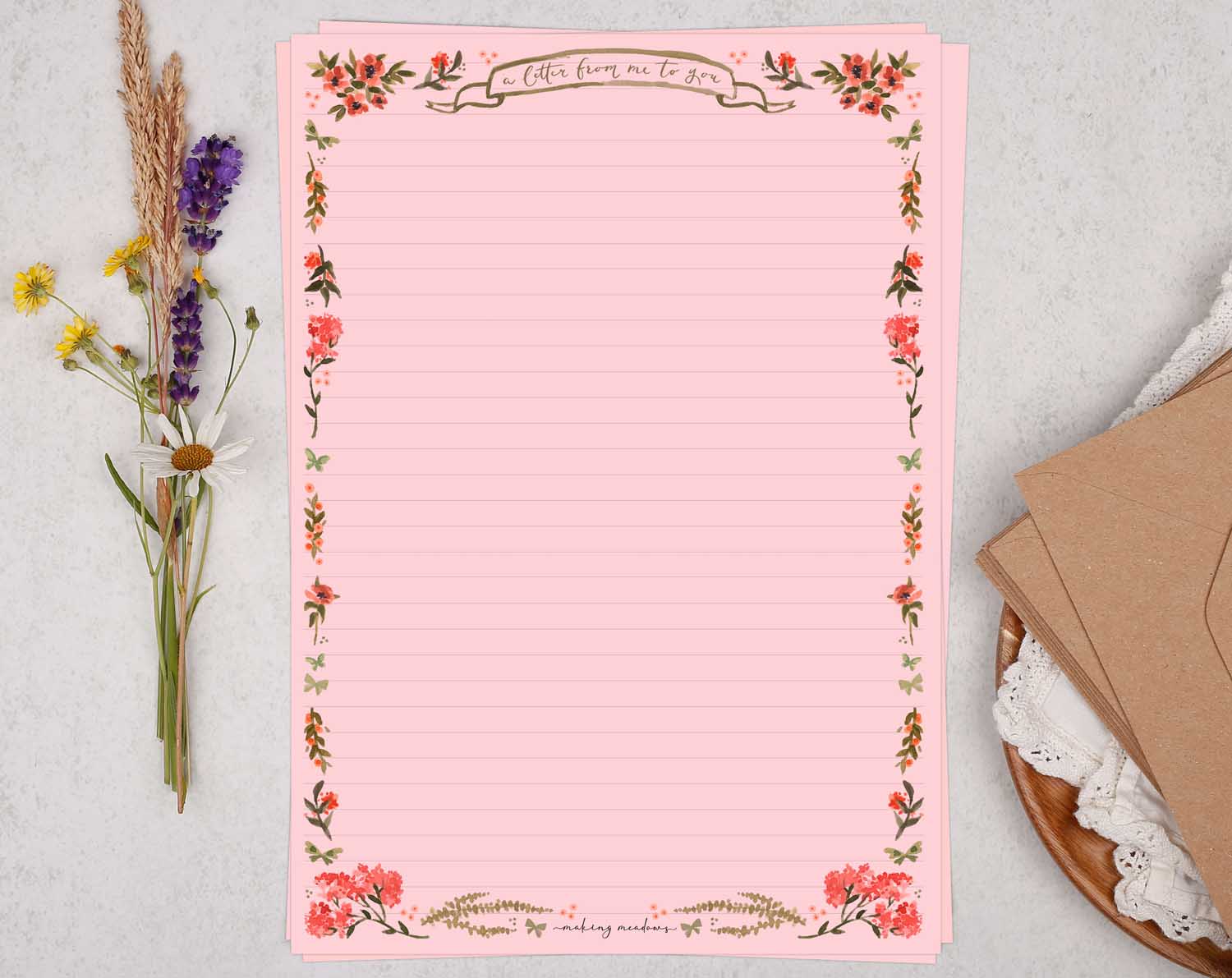 A4 pink writing paper with flower border. Stationery designed by Making Meadows