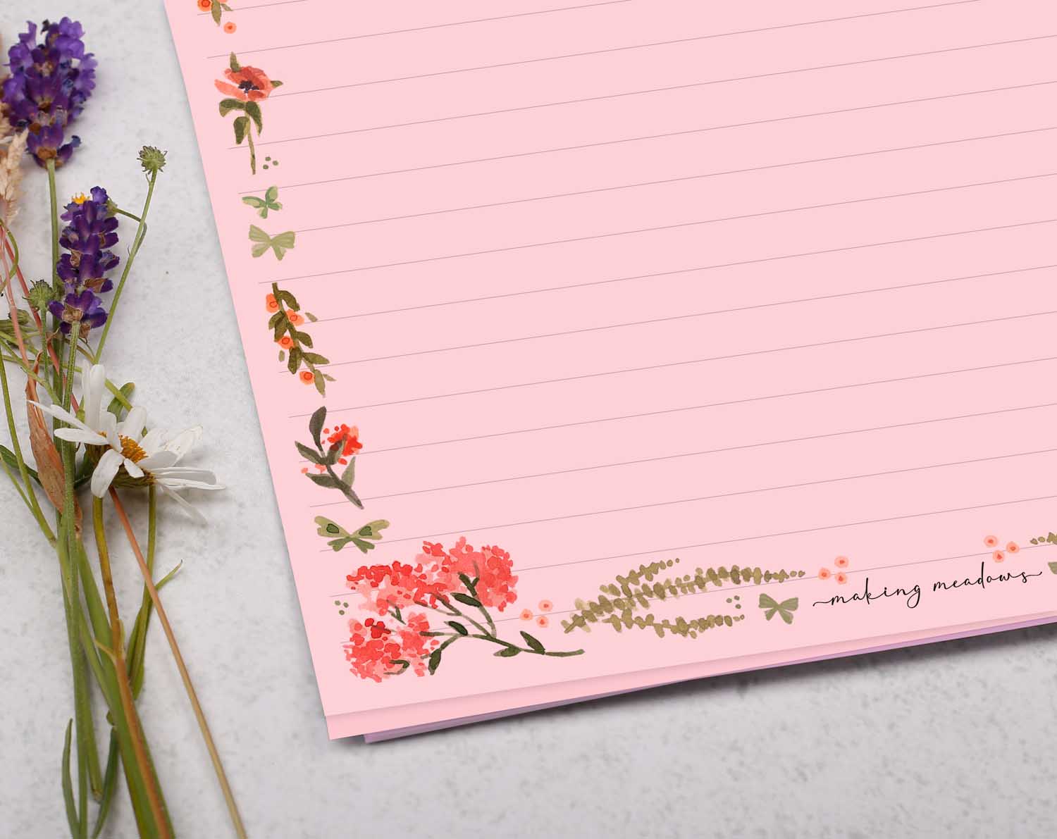 A4 pink writing paper with flower border. Stationery designed by Making Meadows