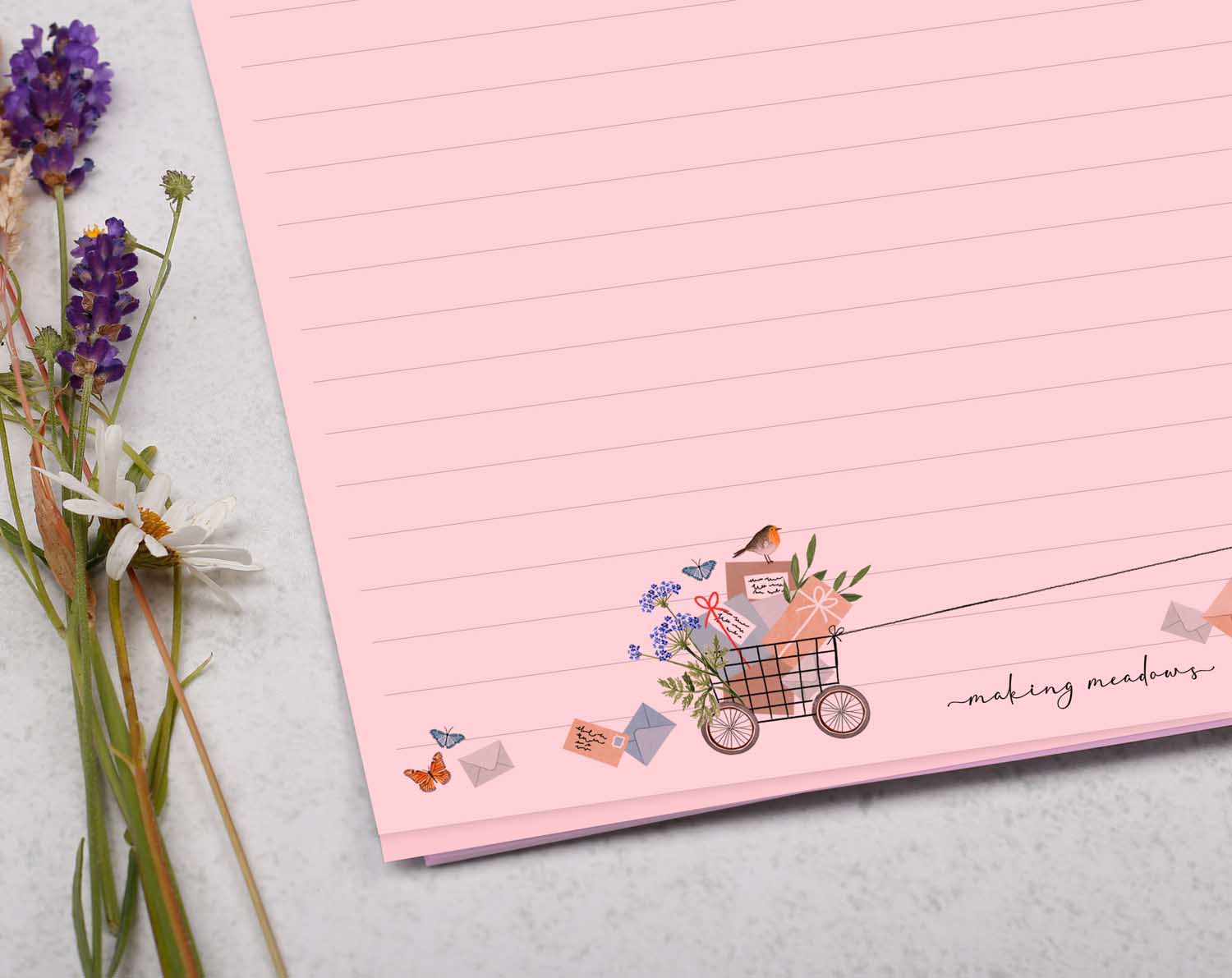 A4 pink writing paper with fox on bicycle. Stationery designed by Making Meadows