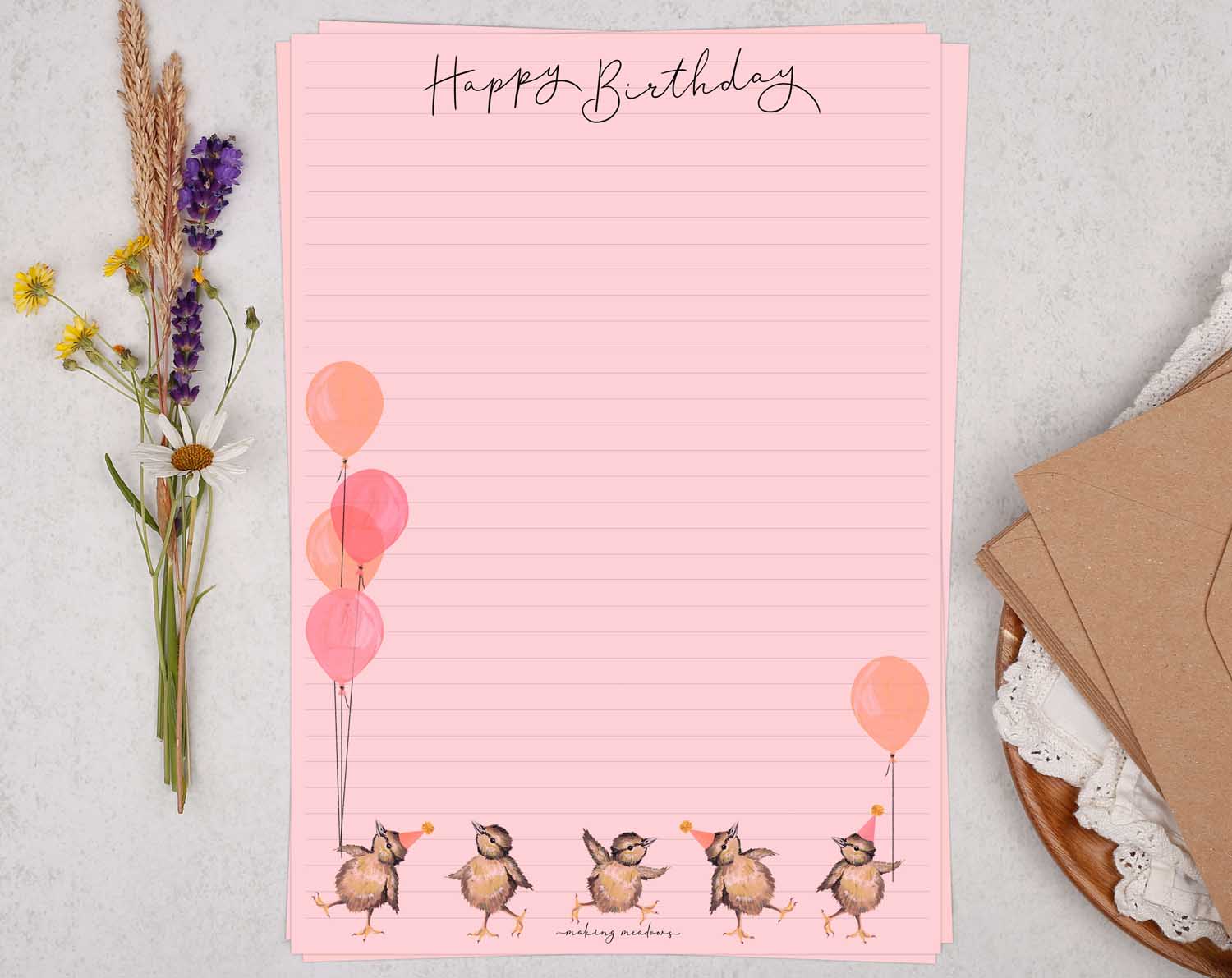 A4 pink writing paper with happy birthday chicks. Stationery designed by Making Meadows