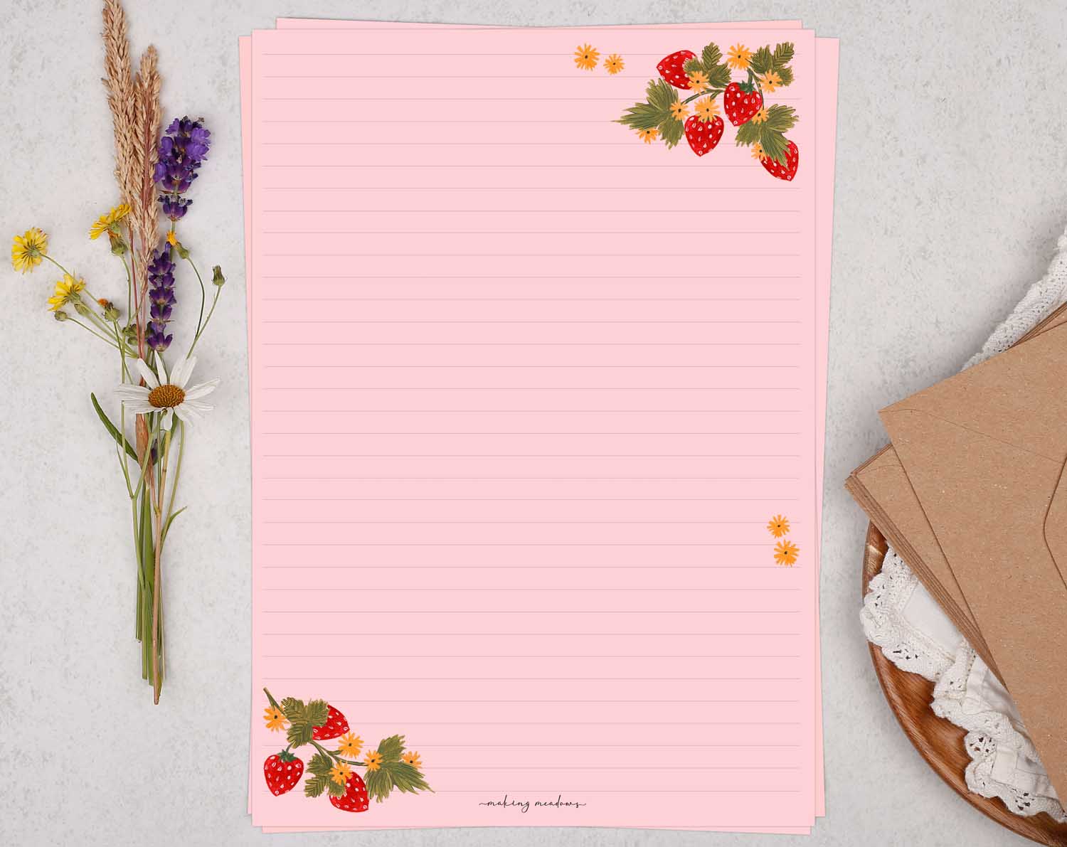 A4 pink writing paper with strawberry blossom. Stationery designed by Making Meadows