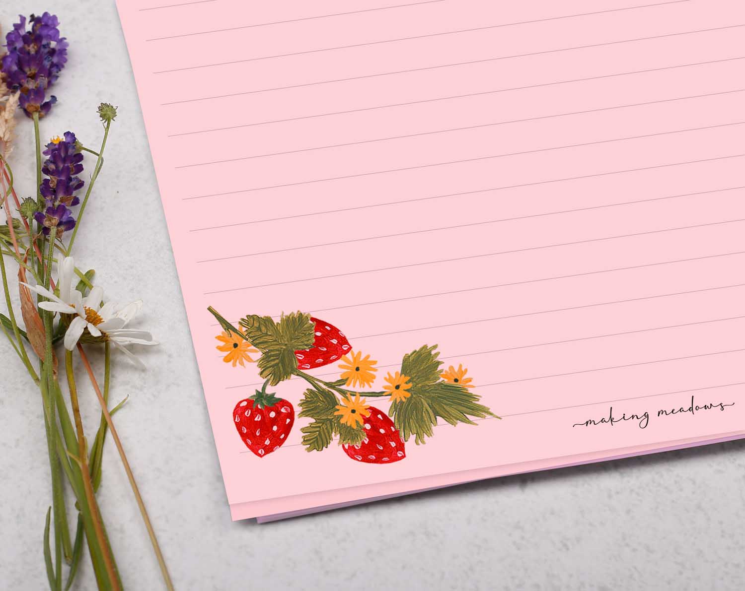 A4 pink writing paper with strawberry blossom. Stationery designed by Making Meadows