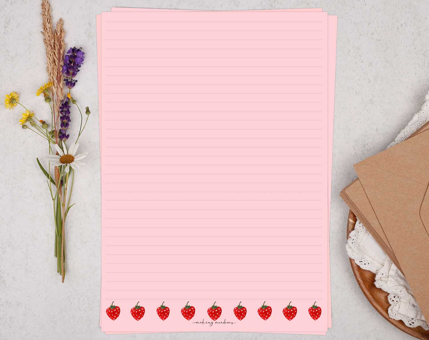 A4 pink writing paper with strawberry border. Stationery designed by Making Meadows