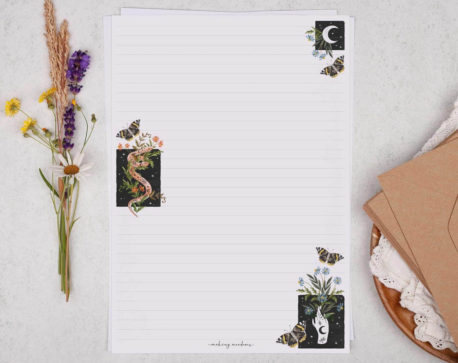A4 writing paper with Celestial Moths & Moon. Stationery designed by Making Meadows