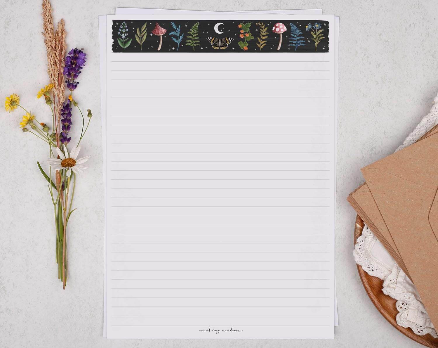 A4 writing paper with Celestial Mushrooms & Ferns. Stationery designed by Making Meadows