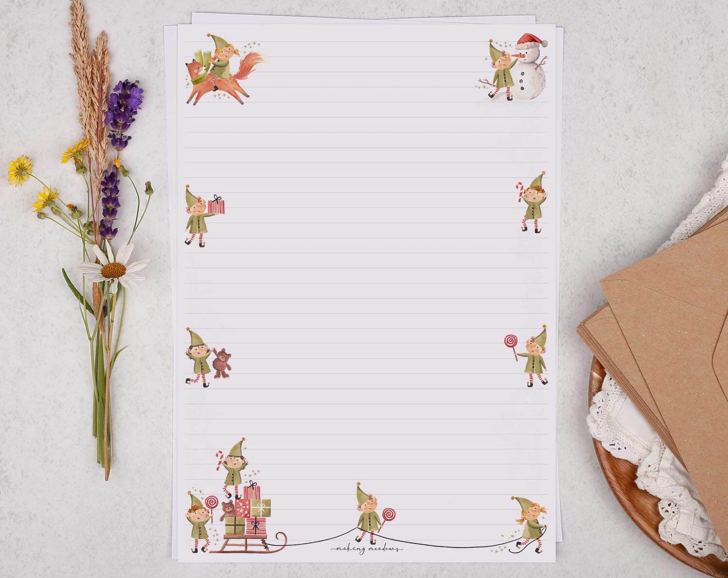 A4 writing paper with Christmas Elves. Stationery designed by Making Meadows