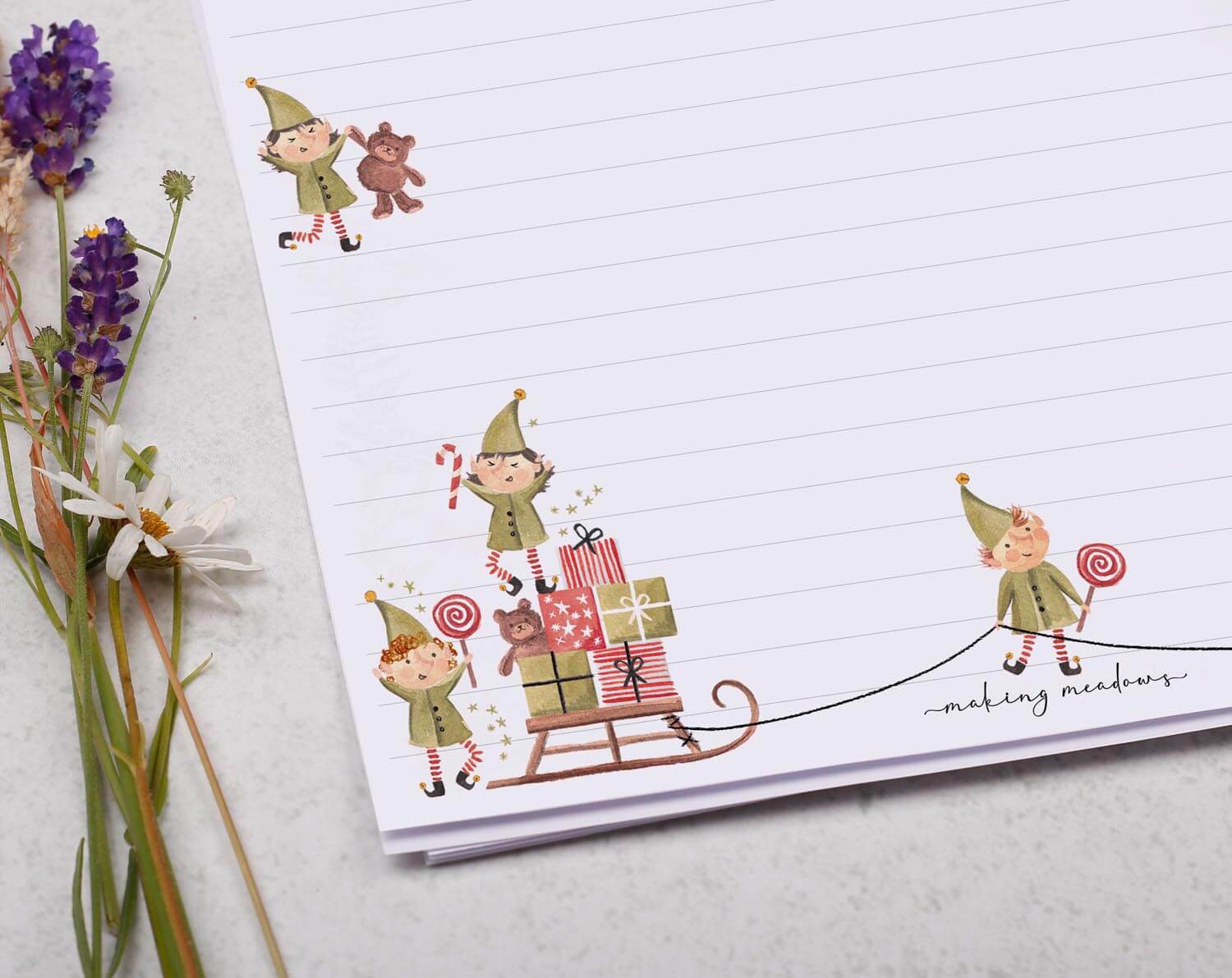 A4 writing paper with Christmas Elves. Stationery designed by Making Meadows