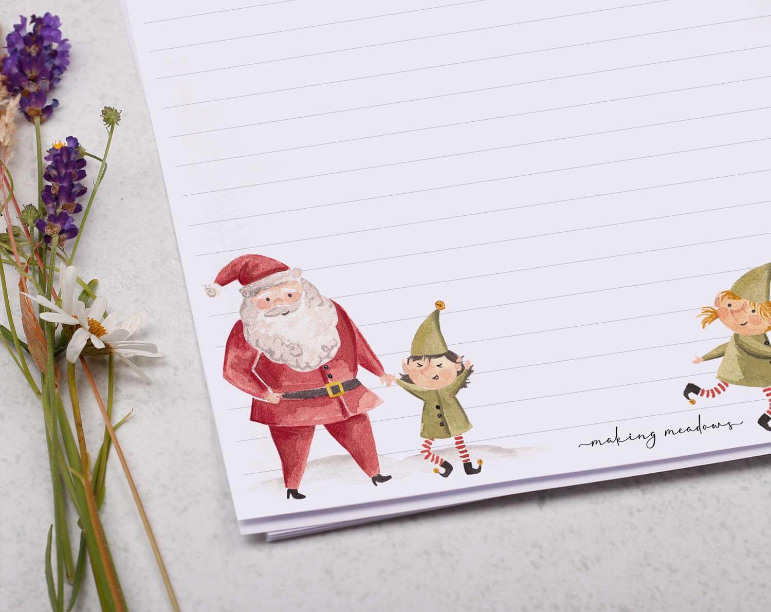 A4 writing paper with Christmas Santa and Elves. Stationery designed by Making Meadows