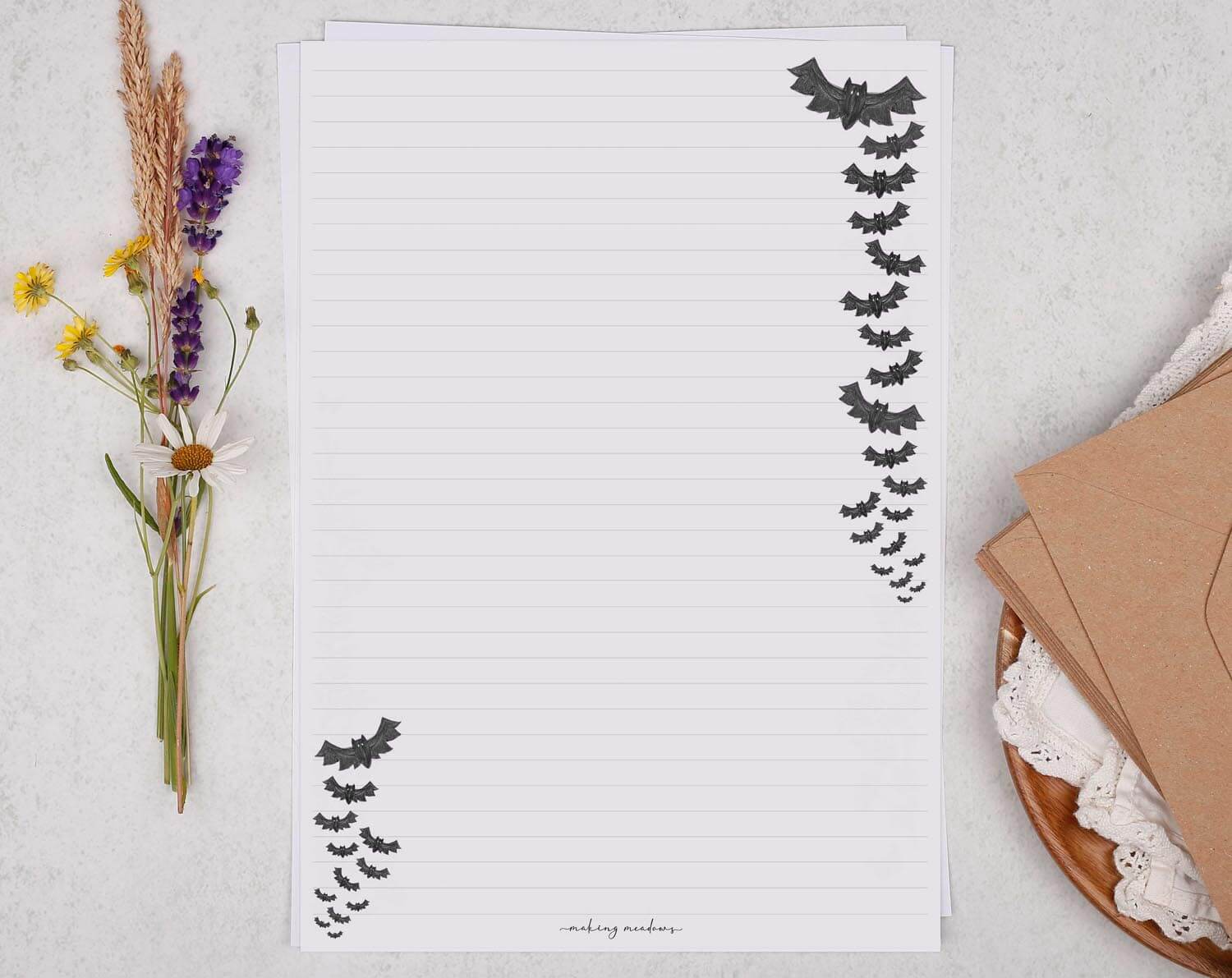 A4 writing paper with Halloween Bats. Stationery designed by Making Meadows