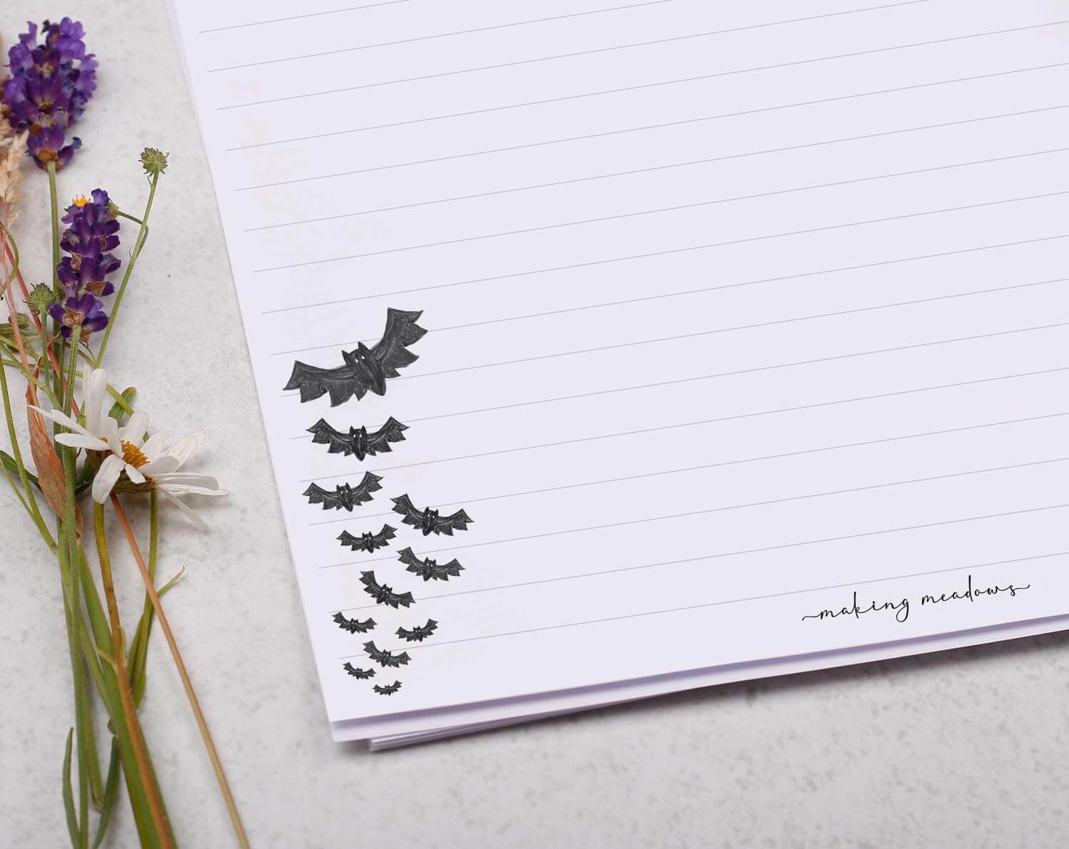 A4 writing paper with Halloween Bats. Stationery designed by Making Meadows