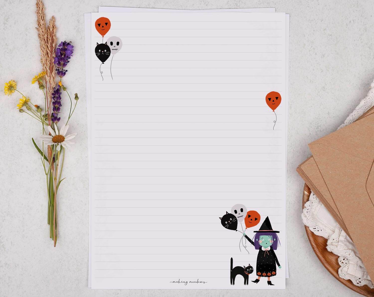 A4 writing paper with Halloween Witch. Stationery designed by Making Meadows
