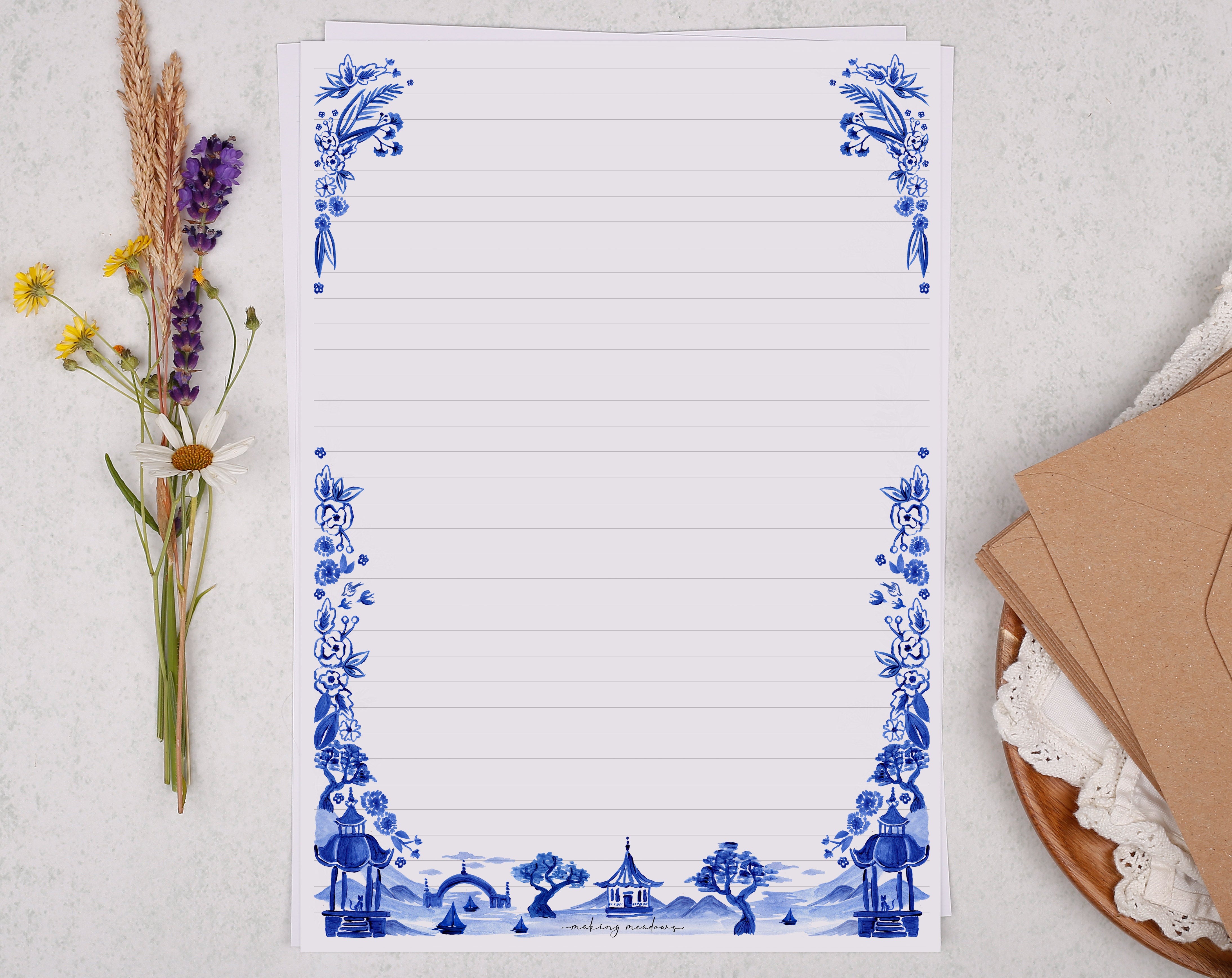 A4 writing paper with a blue Japanese landscape. Stationery designed by Making Meadows