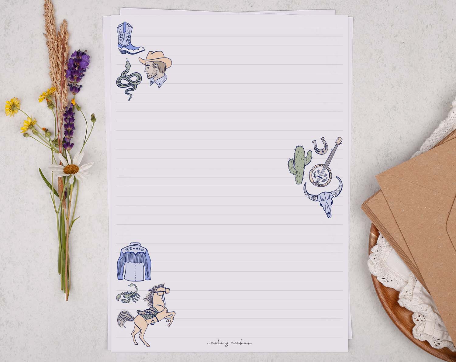 A4 writing paper with a cowboy rodeo. Stationery designed by Making Meadows