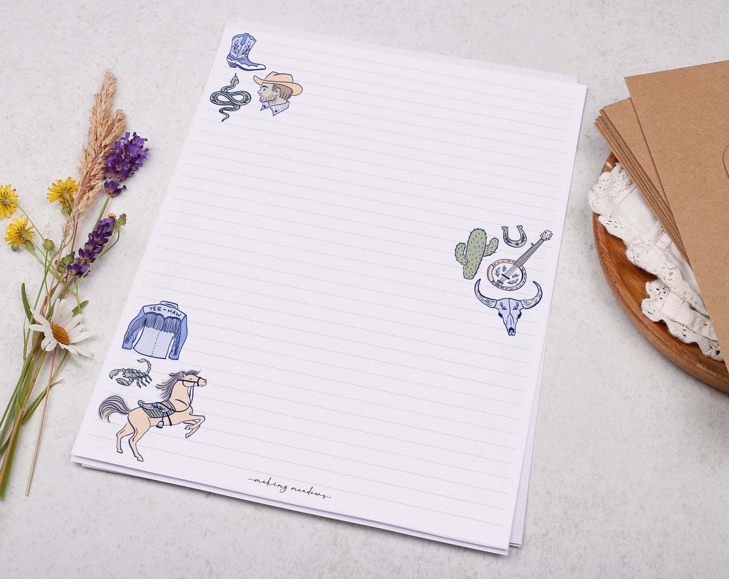 A4 writing paper with a cowboy rodeo. Stationery designed by Making Meadows