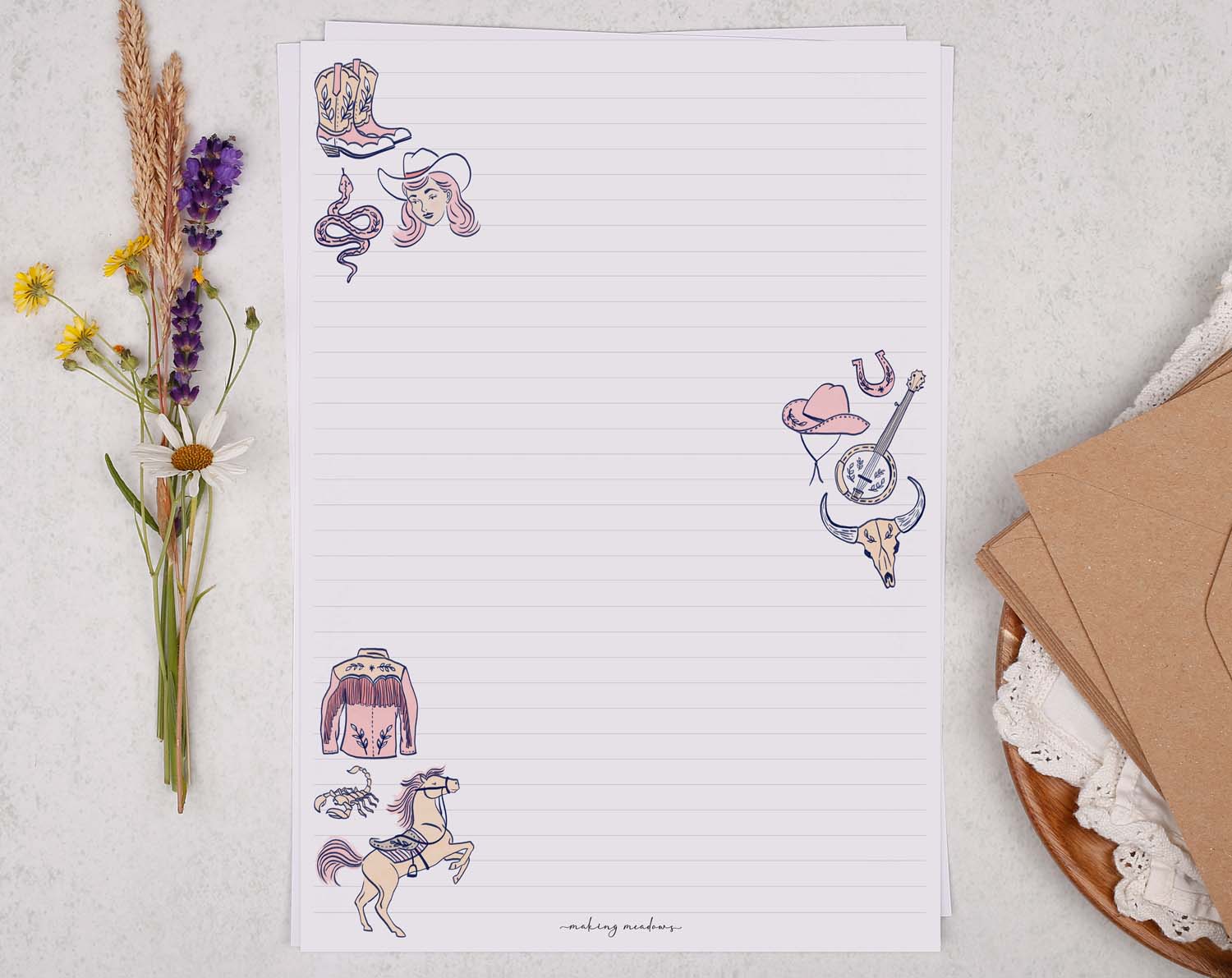 A4 writing paper with a cowgirl & horse. Stationery designed by Making Meadows