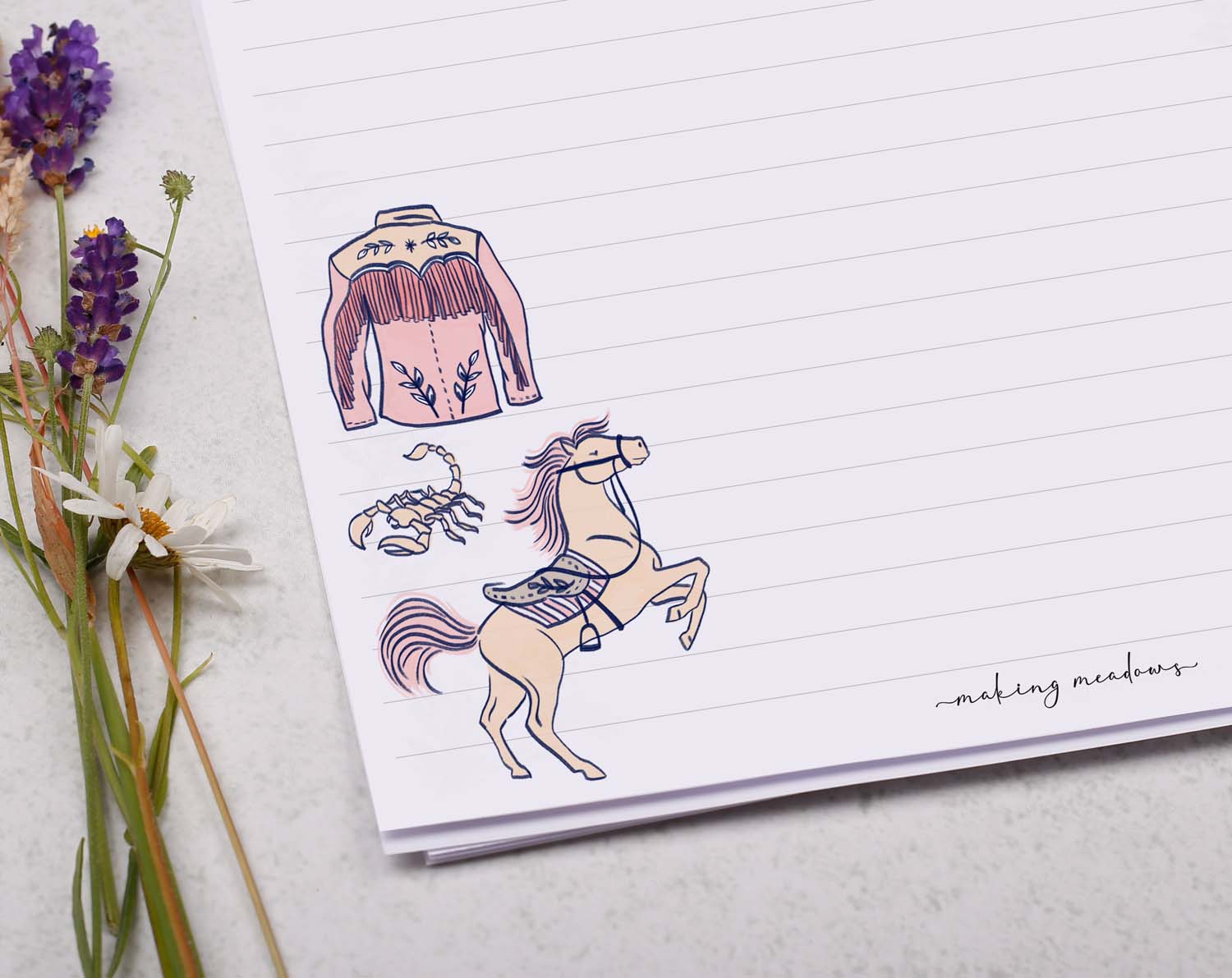 A4 writing paper with a cowgirl & horse. Stationery designed by Making Meadows
