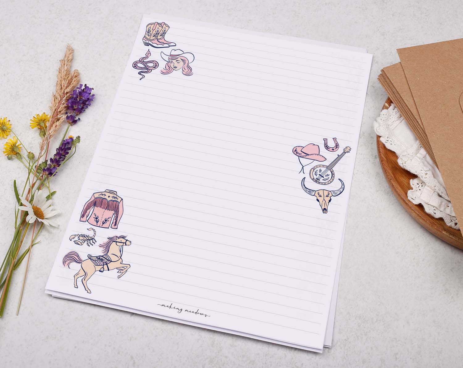 A4 writing paper with a cowgirl & horse. Stationery designed by Making Meadows