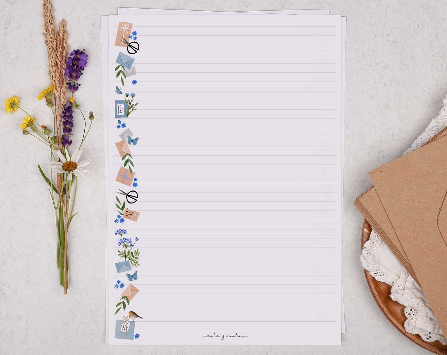 A4 writing paper with blue floral post border. Stationery designed by Making Meadows