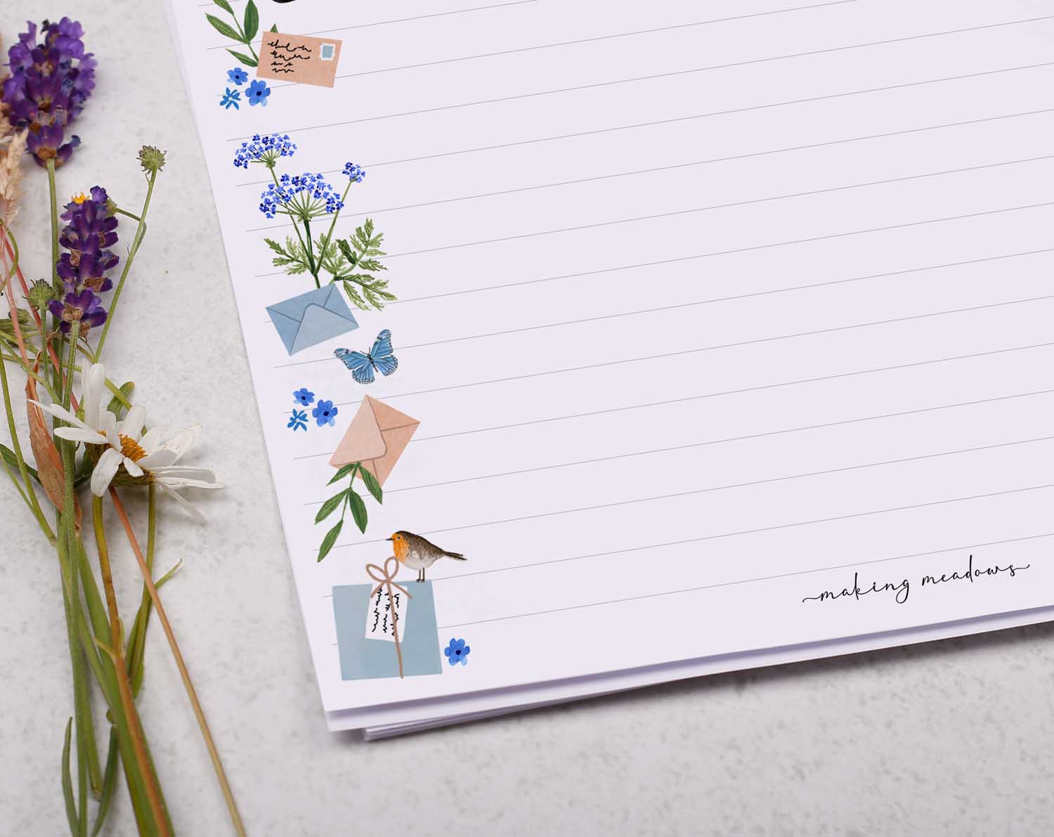 A4 writing paper with blue floral post border. Stationery designed by Making Meadows