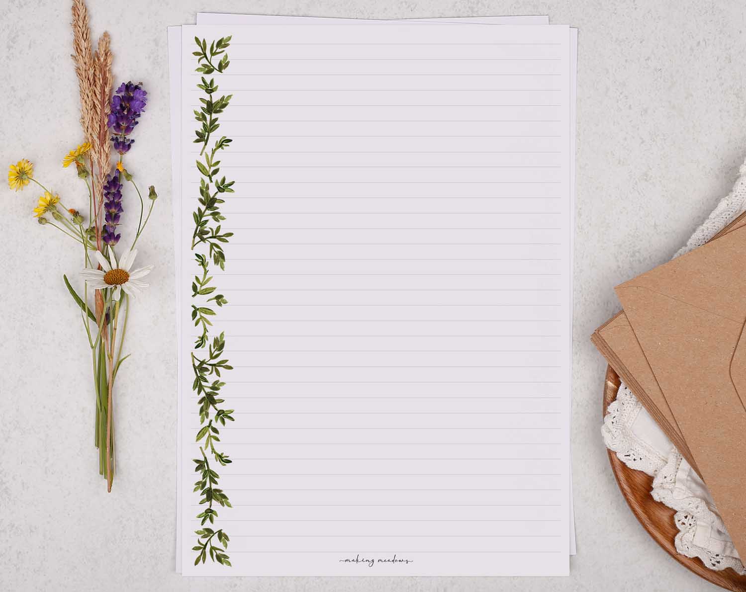 A4 writing paper with botanical edge border. Stationery designed by Making Meadows