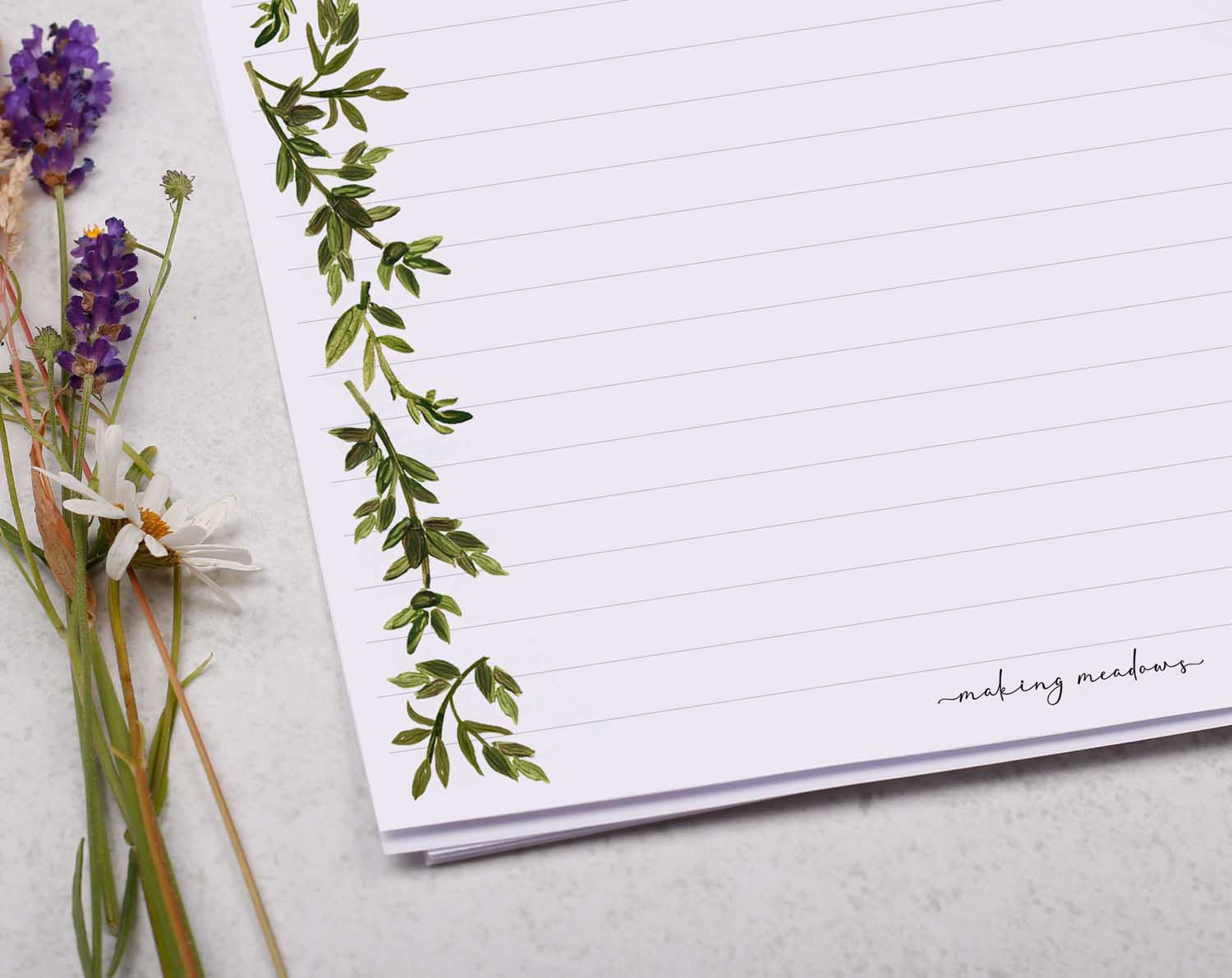 A4 writing paper with botanical edge border. Stationery designed by Making Meadows