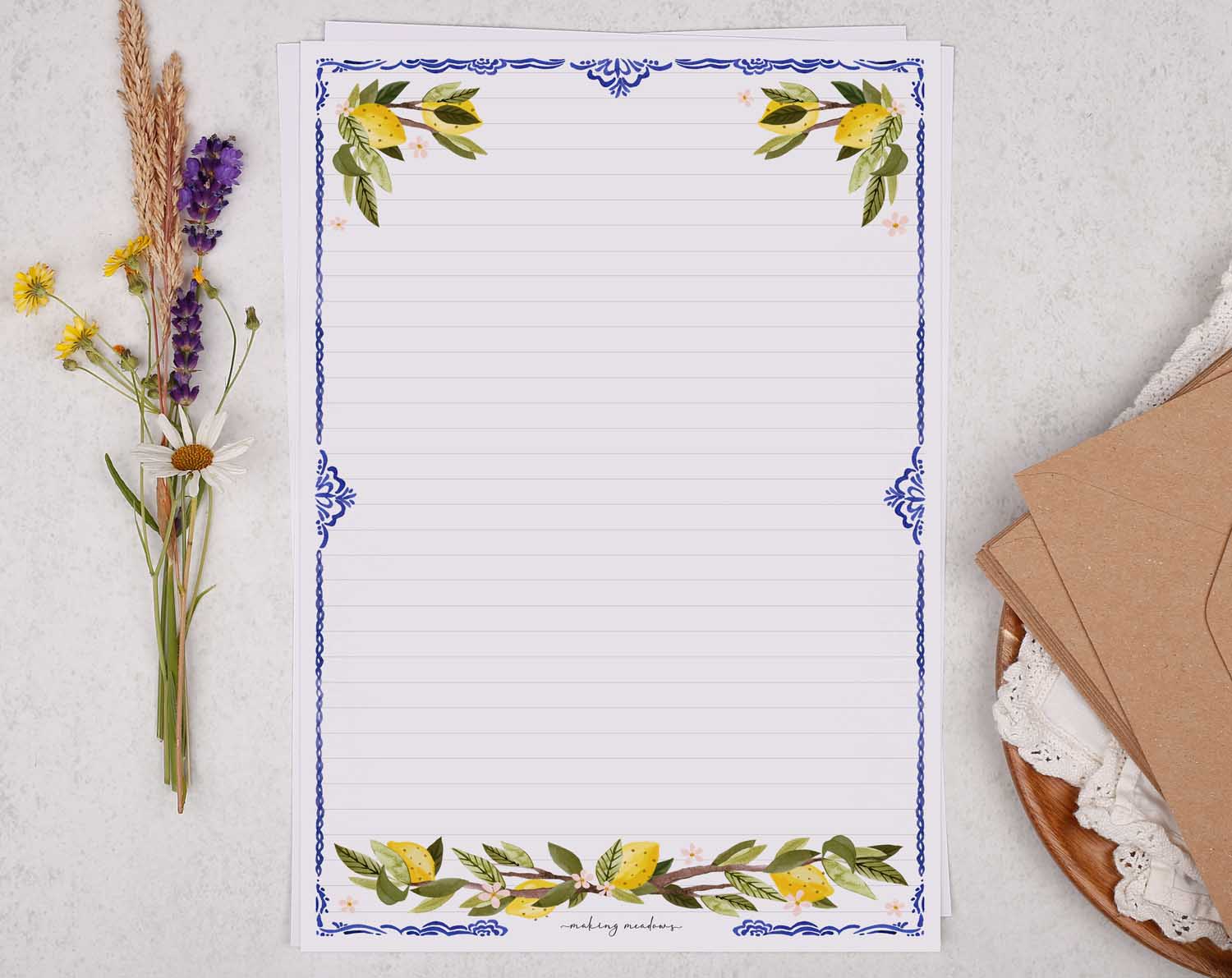 A4 writing paper with botanical lemons. Stationery designed by Making Meadows