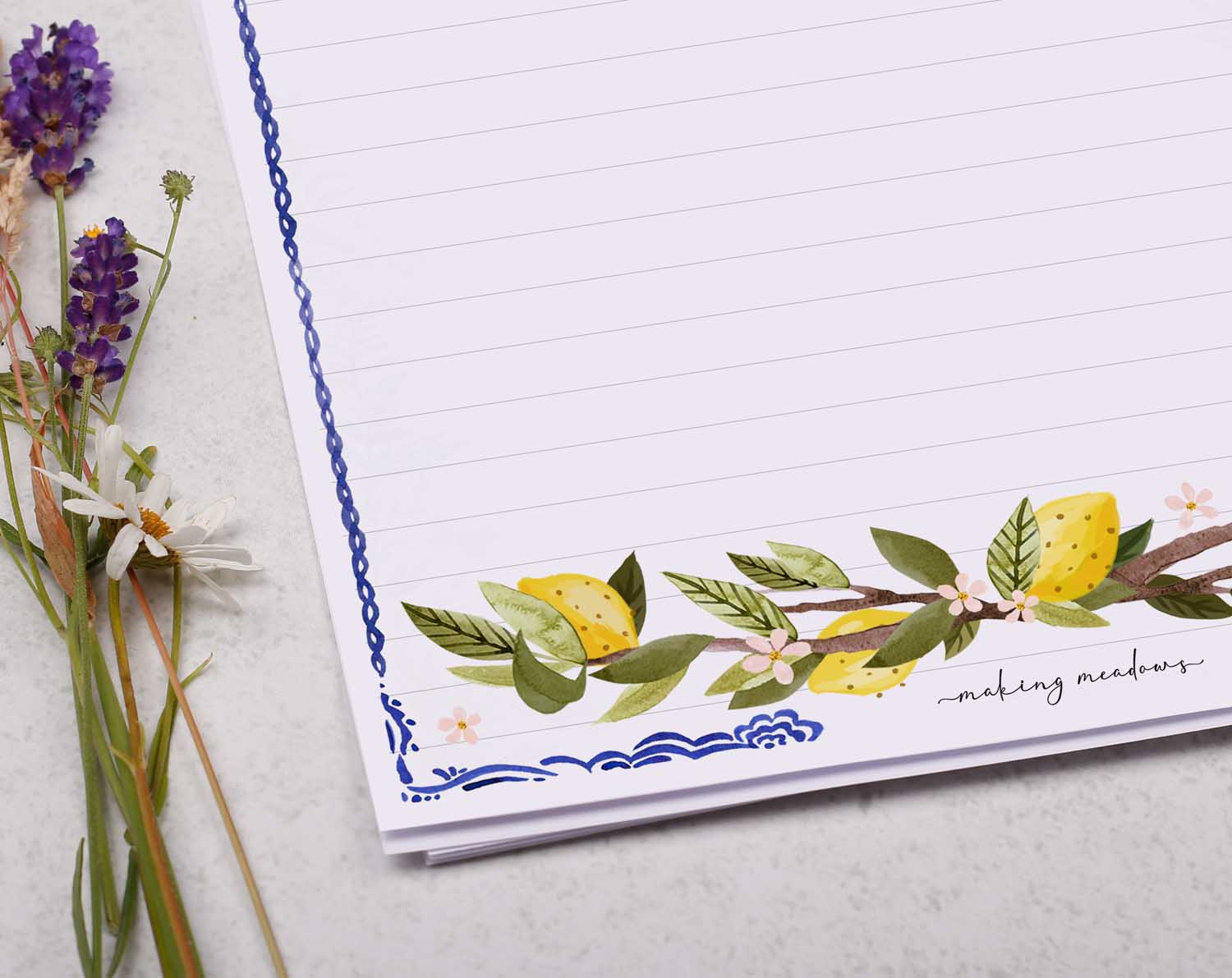 A4 writing paper with botanical lemons. Stationery designed by Making Meadows