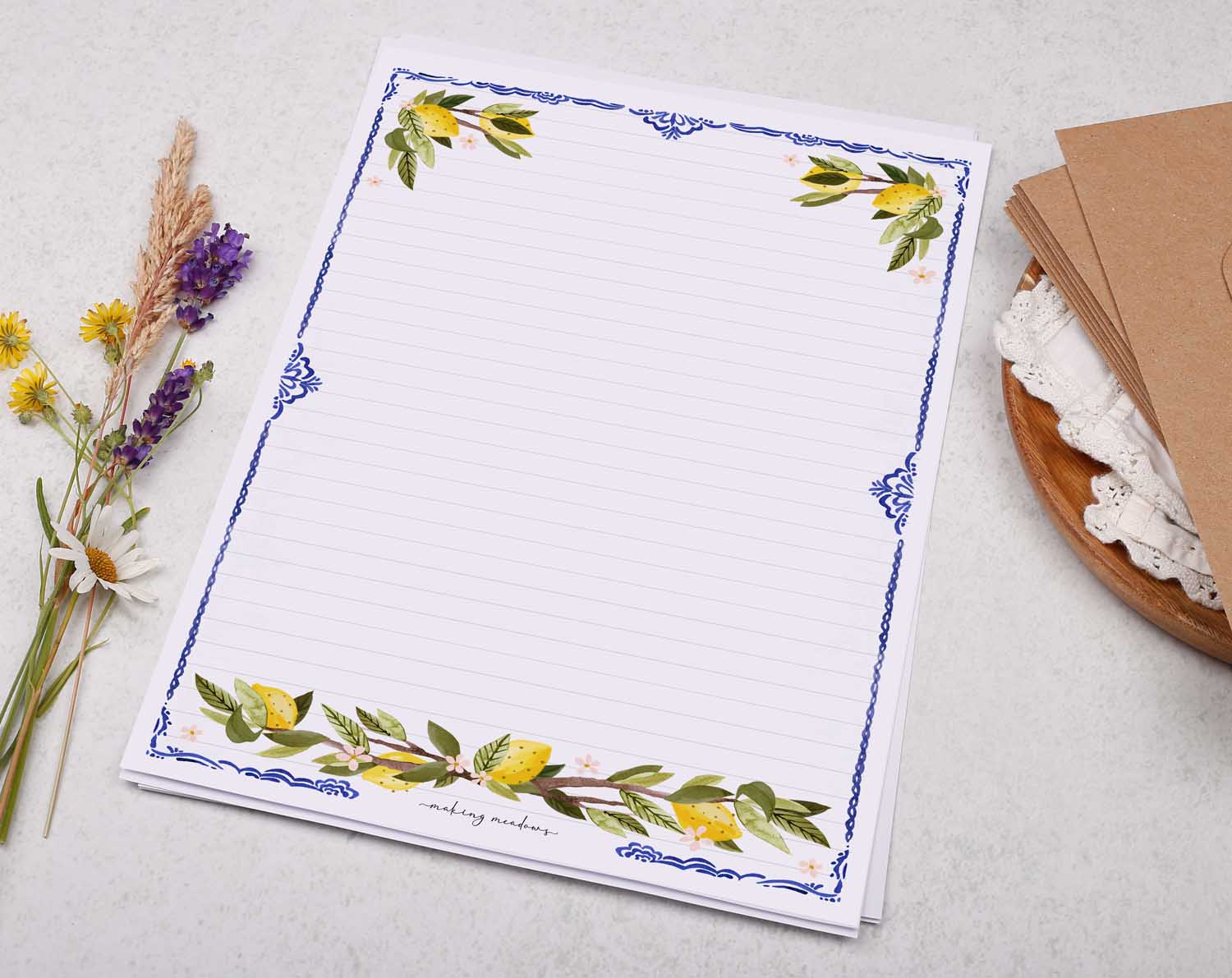 A4 writing paper with botanical lemons. Stationery designed by Making Meadows