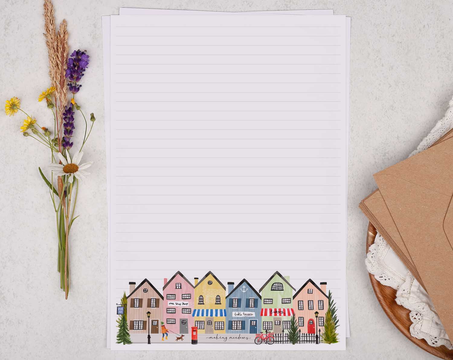 A4 writing paper with colourful houses. Stationery designed by Making Meadows
