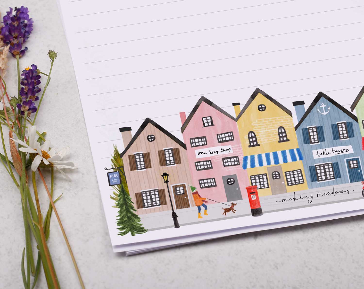 A4 writing paper with colourful houses. Stationery designed by Making Meadows