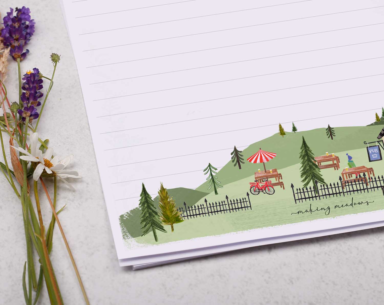 A4 writing paper with country pub. Stationery designed by Making Meadows