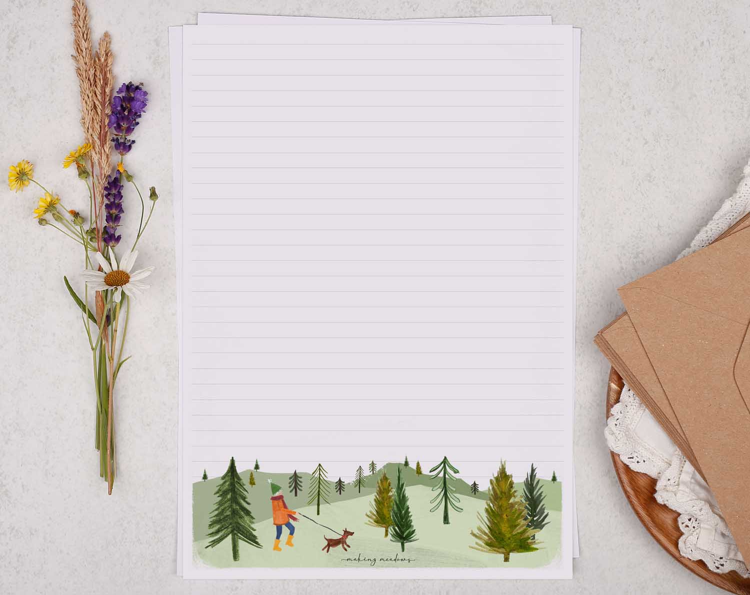 A4 writing paper with dog walker. Stationery designed by Making Meadows