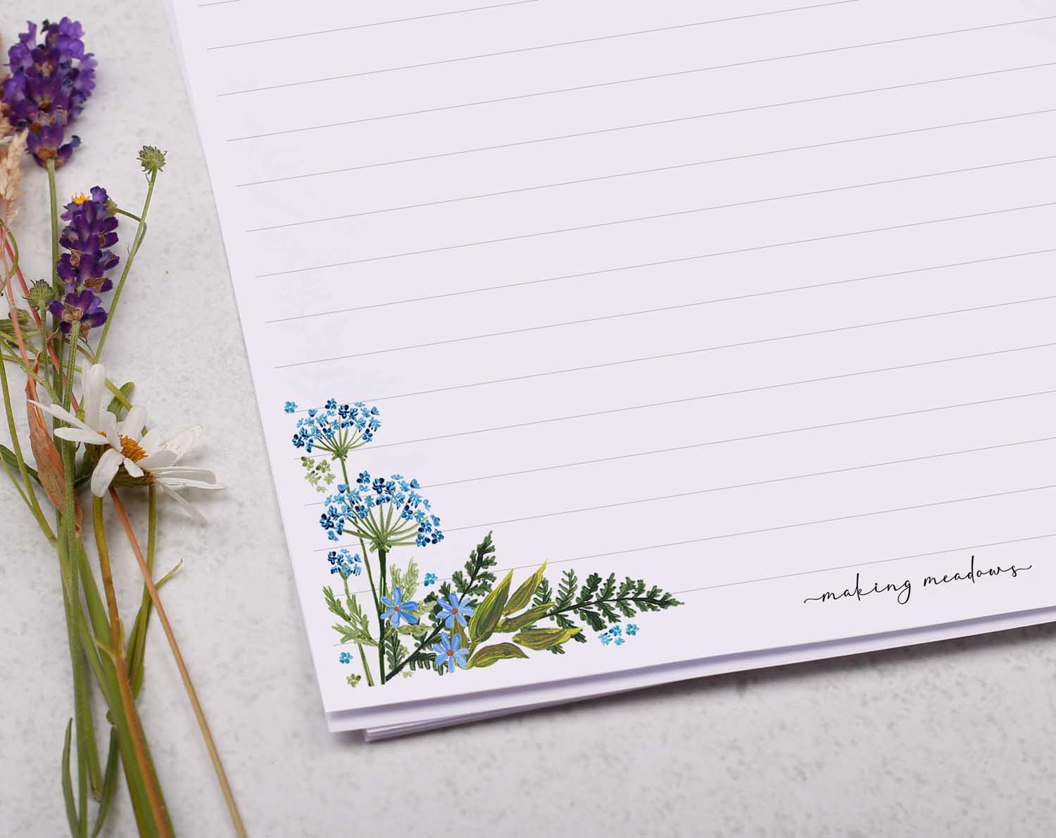 A4 writing paper with floral corners. Stationery designed by Making Meadows