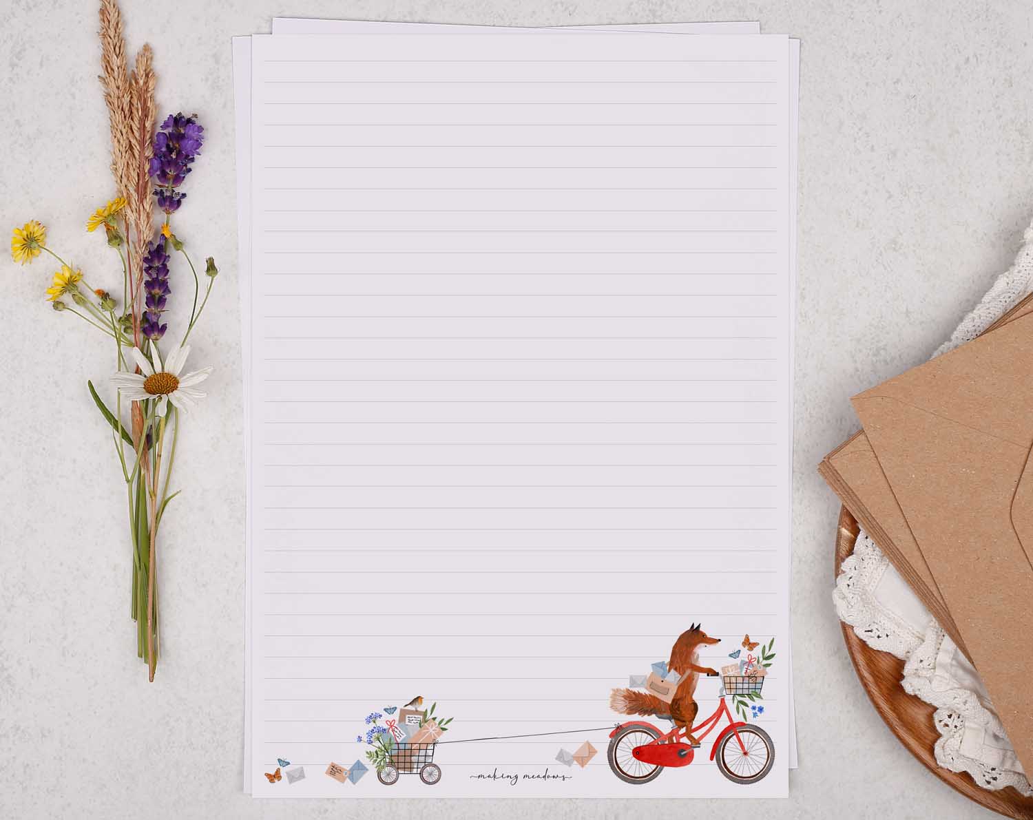 A4 writing paper with fox on bike. Stationery designed by Making Meadows