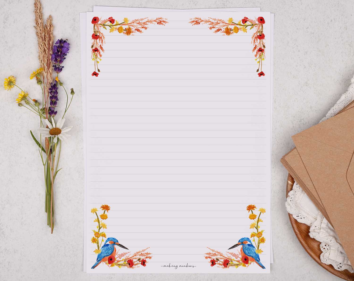 A4 writing paper with kingfisher birds. Stationery designed by Making Meadows