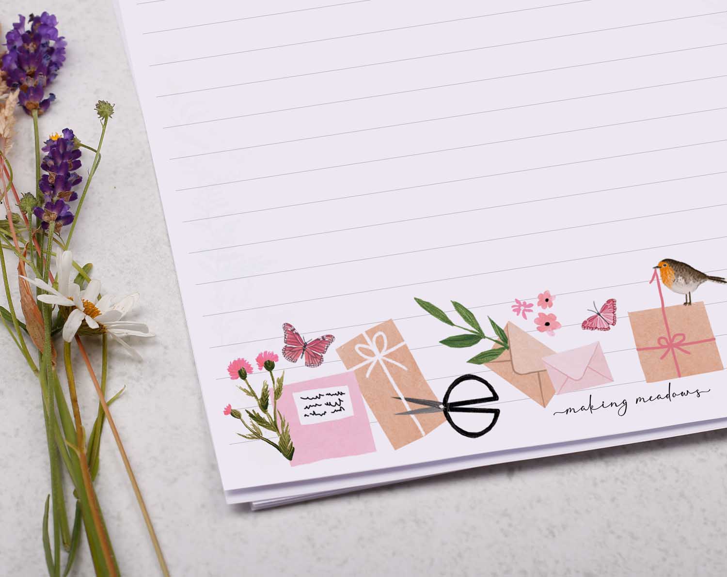 A4 writing paper with pink floral post border. Stationery designed by Making Meadows